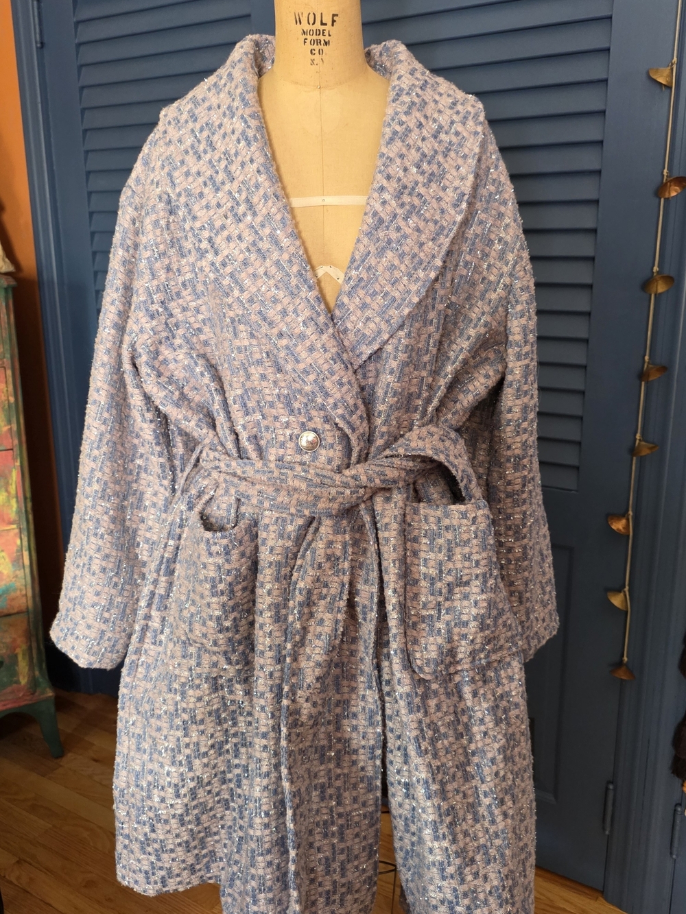 NWT Kathy Ireland Metallic Plaid Belted Long Coat Tweed Blue 2Xl